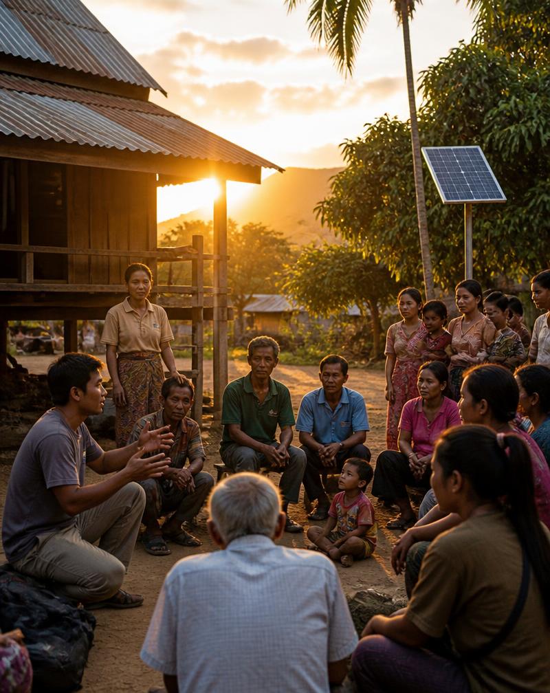 Village community meeting beside a solar panel at golden hour
